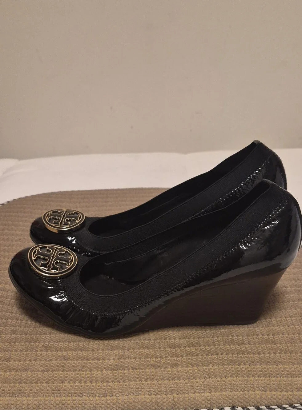Tory Burch Black Patent Wedge Ballet Flats with Gold Logo